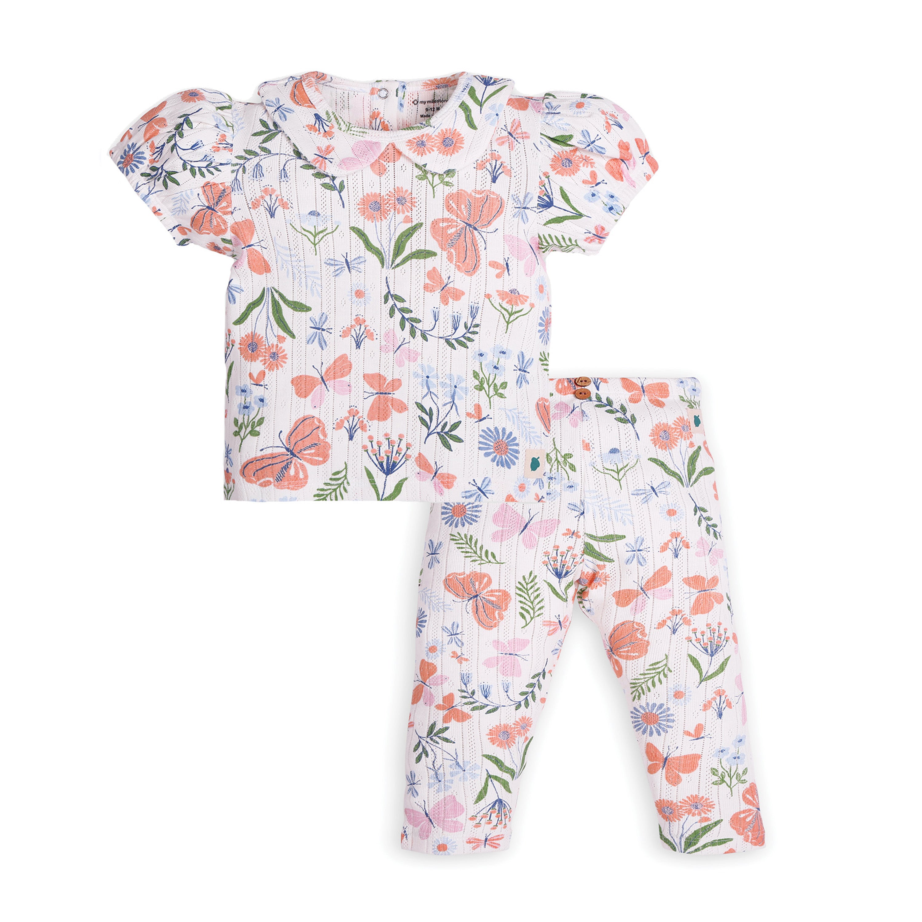 My Milestones Bio-Wash 100% Cotton Short Sleeves Enchanted Flora Print Pointelle Knit Tee & Leggings - Off White