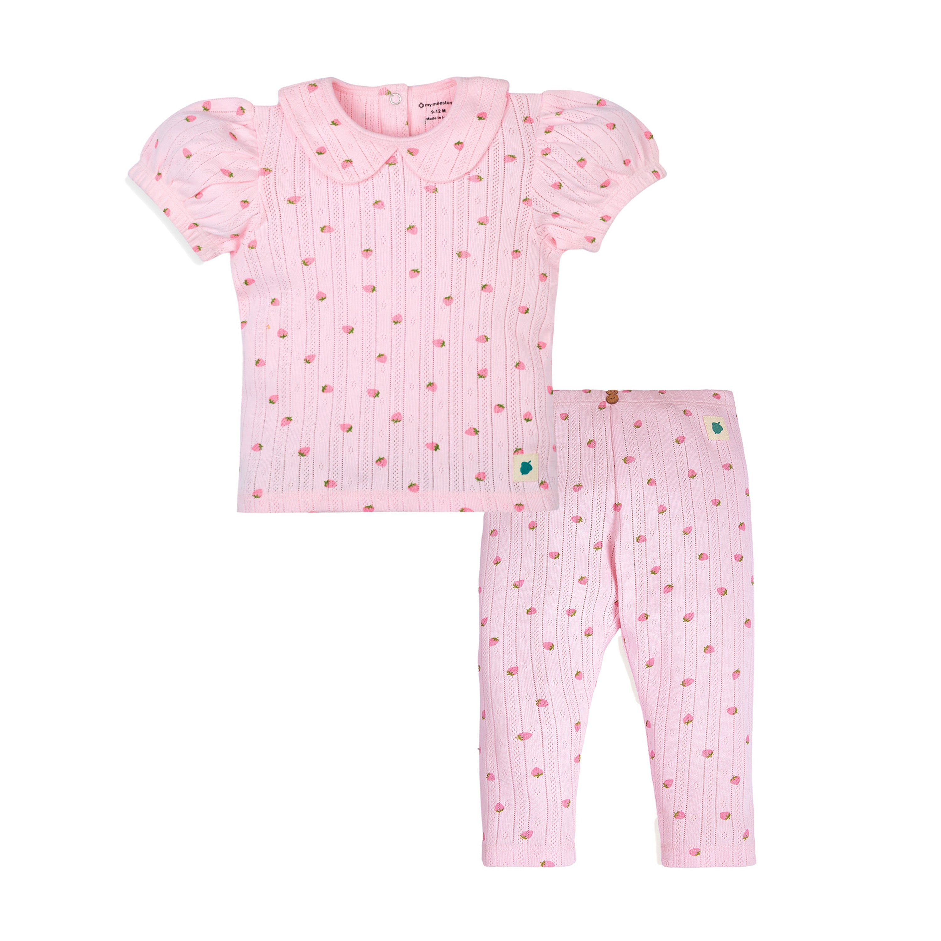 My Milestones Bio-Wash 100% Cotton Strawberry Print Pointelle Knit Tee & Legging Set - Pink