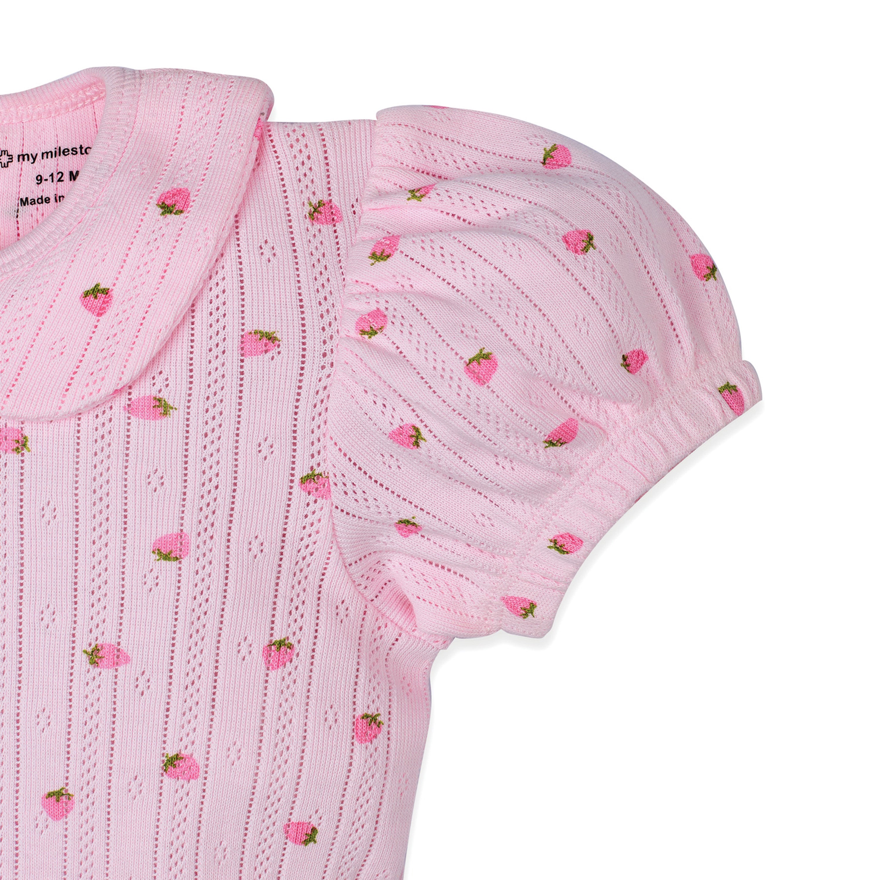 My Milestones Bio-Wash 100% Cotton Strawberry Print Pointelle Knit Tee & Legging Set - Pink