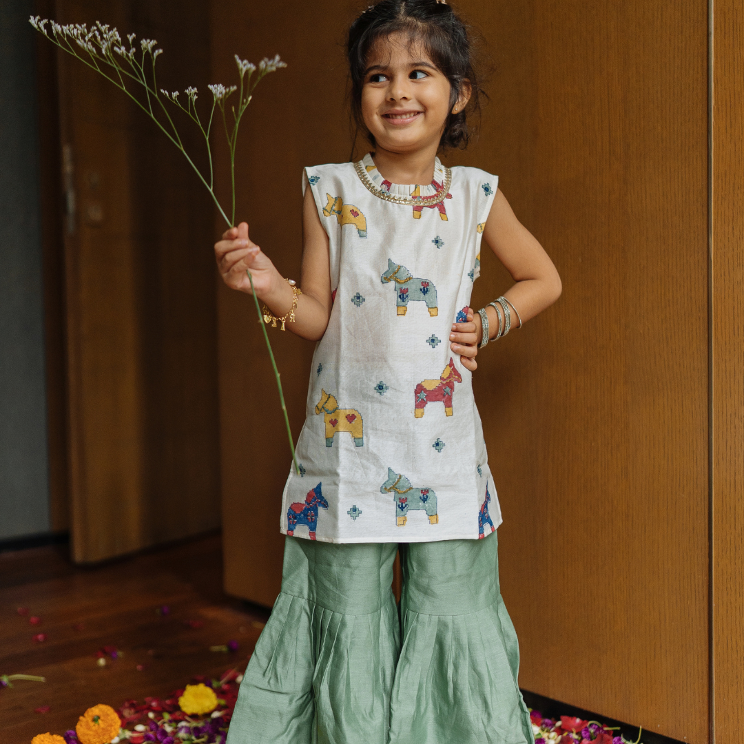 Chanderi Sharara Set | Hand-Block Printed (Gota Work) Tuk Tuk Ghoda