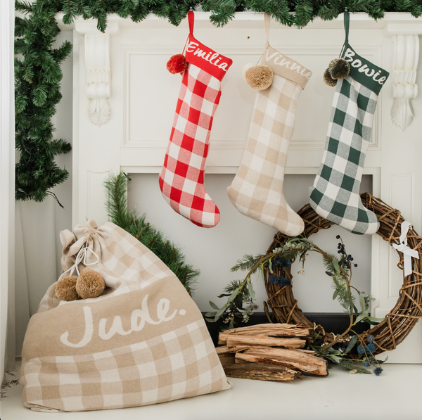 Gingham Christmas Santa Sack - Base: Light Camel; Letter: Oatmeal Marle