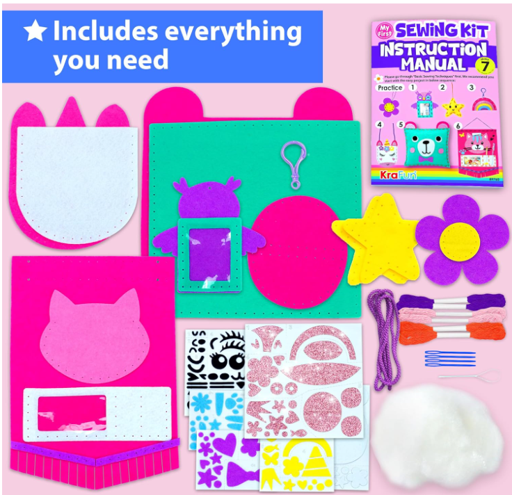 My First Sewing Kit for Beginner Kids Ages 3-10, 6 Easy DIY Projects of Stuffed Animal theme & Plush Pillow Craft, Pre-Punched Felt & Instructions, Gift for Girls Boys, Learn to Sew, Embroidery – Default Title
