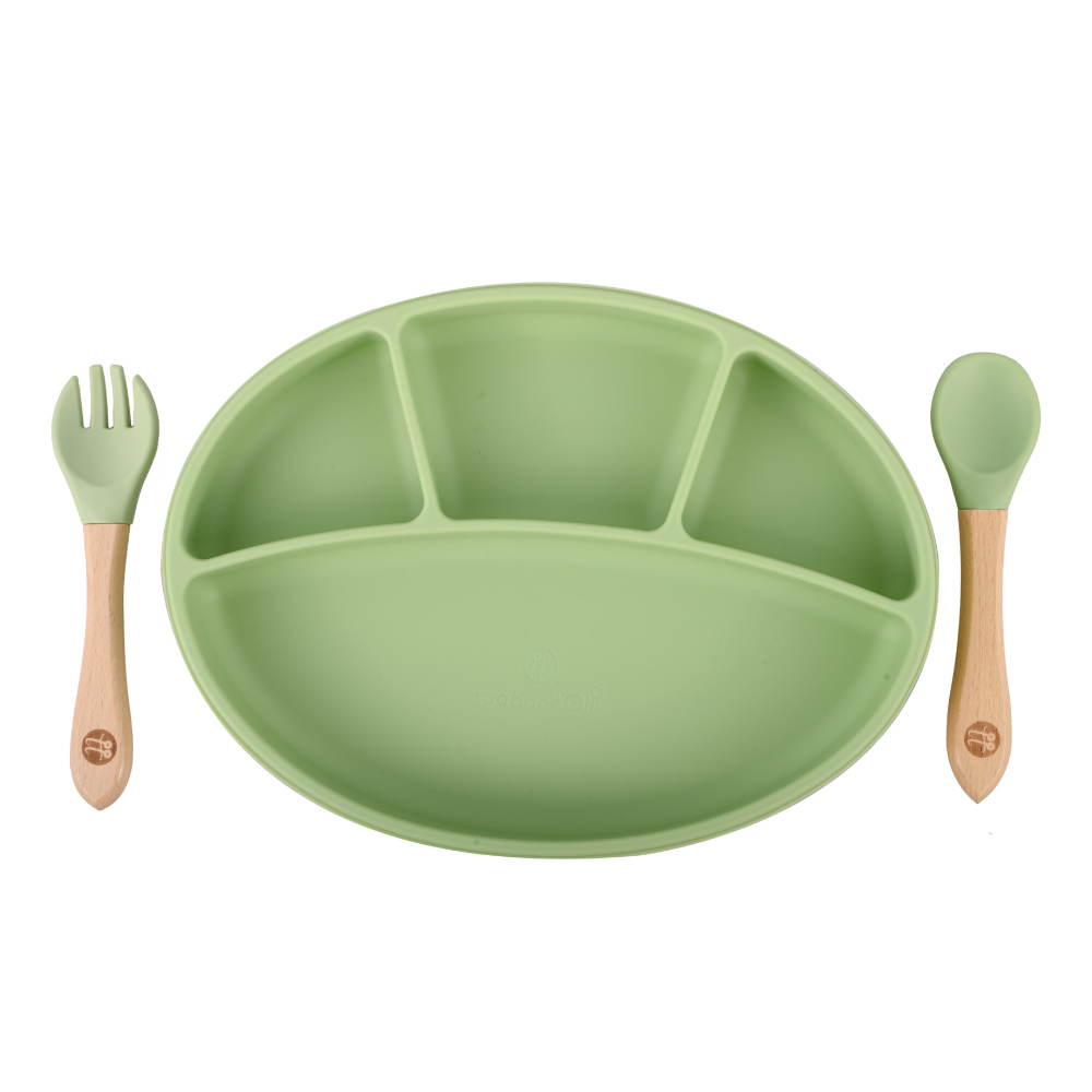 Silicone Oval Plate With Suction + Bamboo Spoon And Fork Set- Green