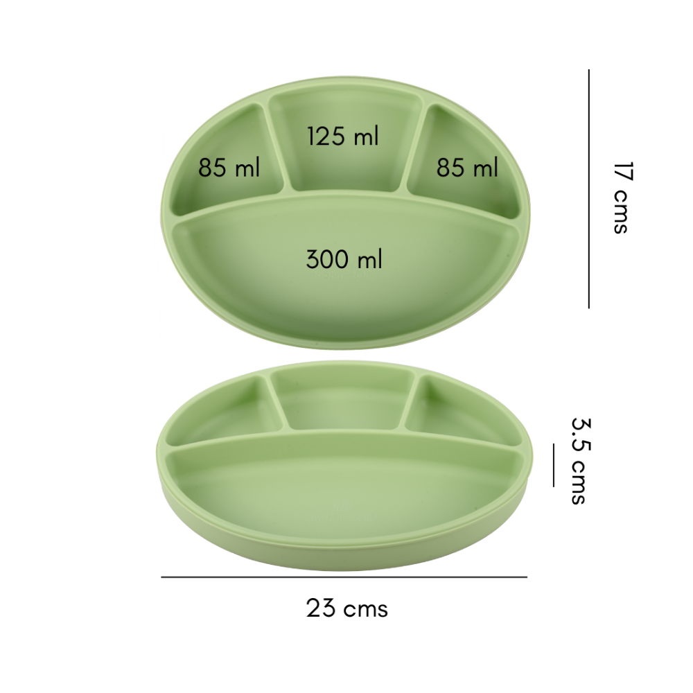 Silicone Oval Plate With Suction + Bamboo Spoon And Fork Set- Green