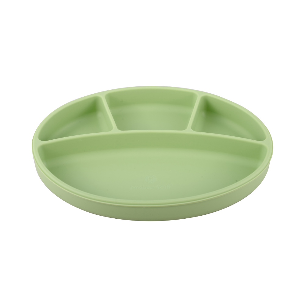 Silicone Oval Plate With Suction + Bamboo Spoon And Fork Set- Green