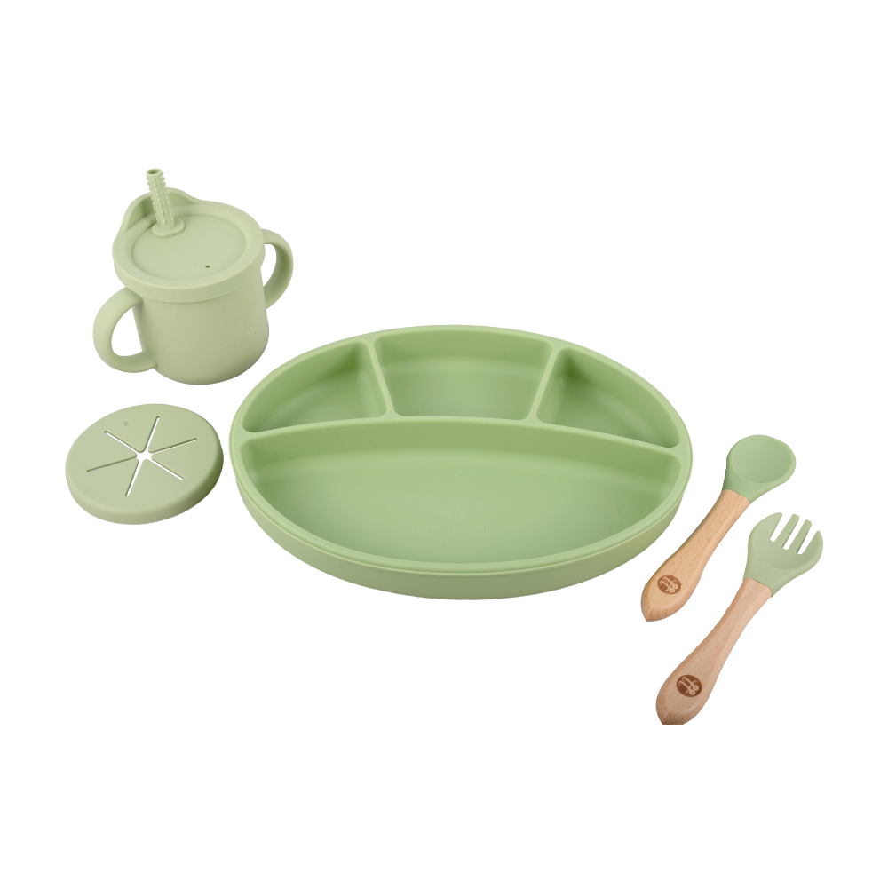 Silicone Oval Plate With Suction + Bamboo Spoon And Fork Set- Green