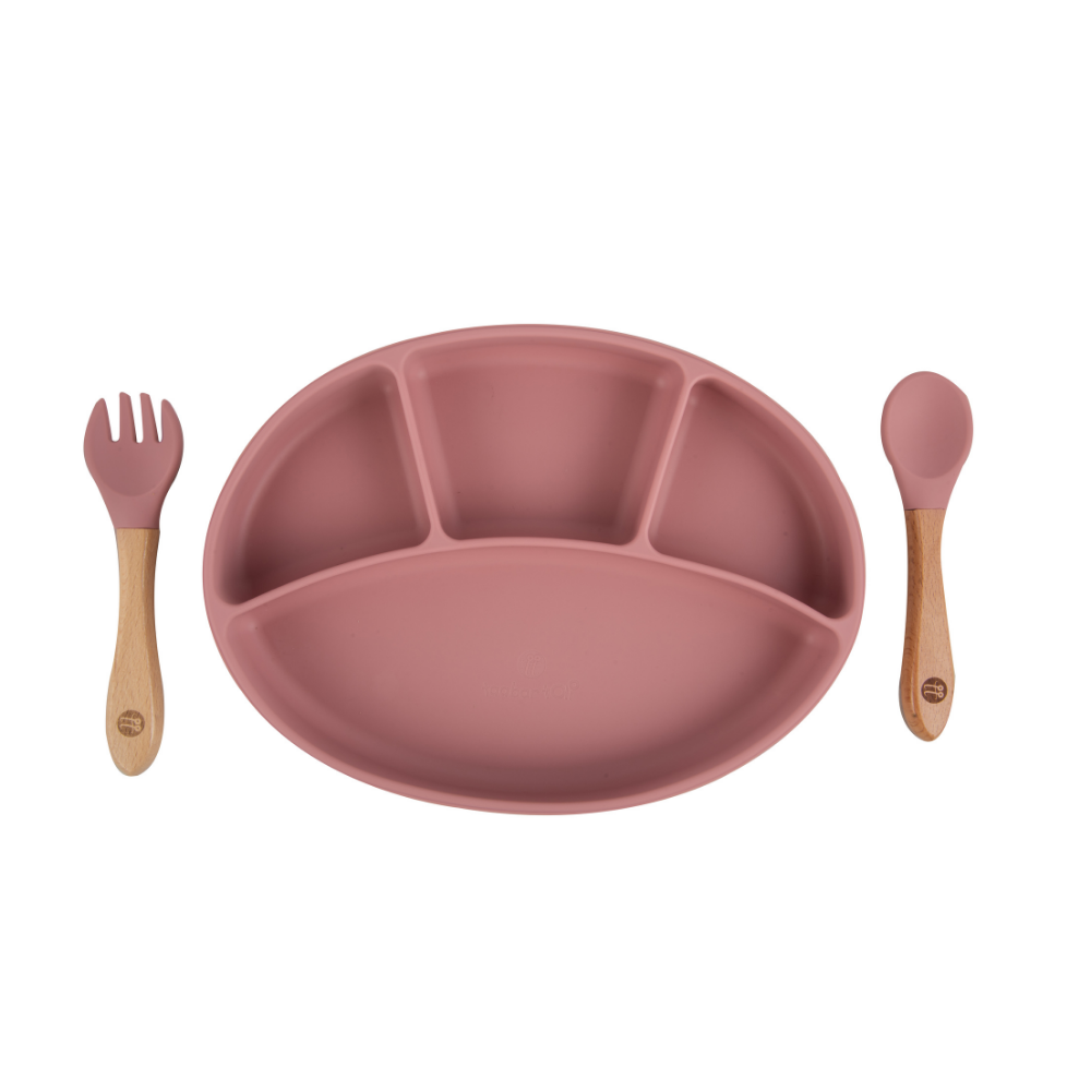 Silicone Oval Plate With Suction + Bamboo Spoon And Fork Set - Pink