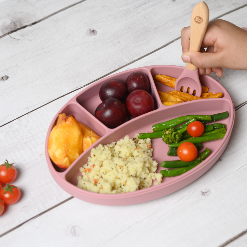 Silicone Oval Plate With Suction + Bamboo Spoon And Fork Set - Pink