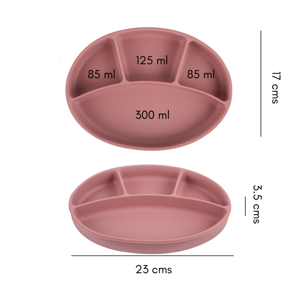 Silicone Oval Plate With Suction + Bamboo Spoon And Fork Set - Pink