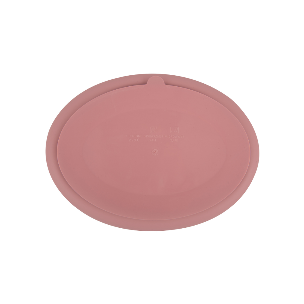Silicone Oval Plate With Suction + Bamboo Spoon And Fork Set - Pink