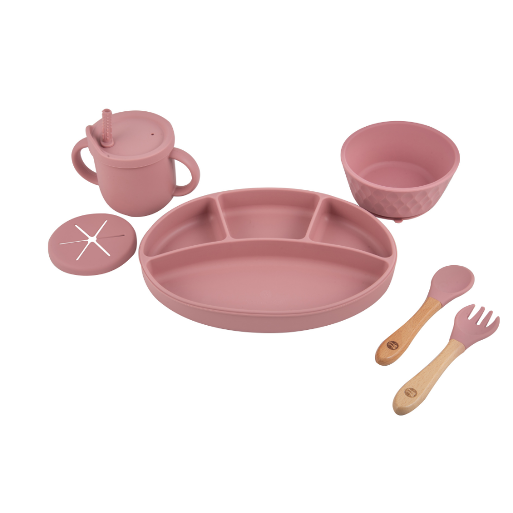 Silicone Oval Plate With Suction + Bamboo Spoon And Fork Set - Pink