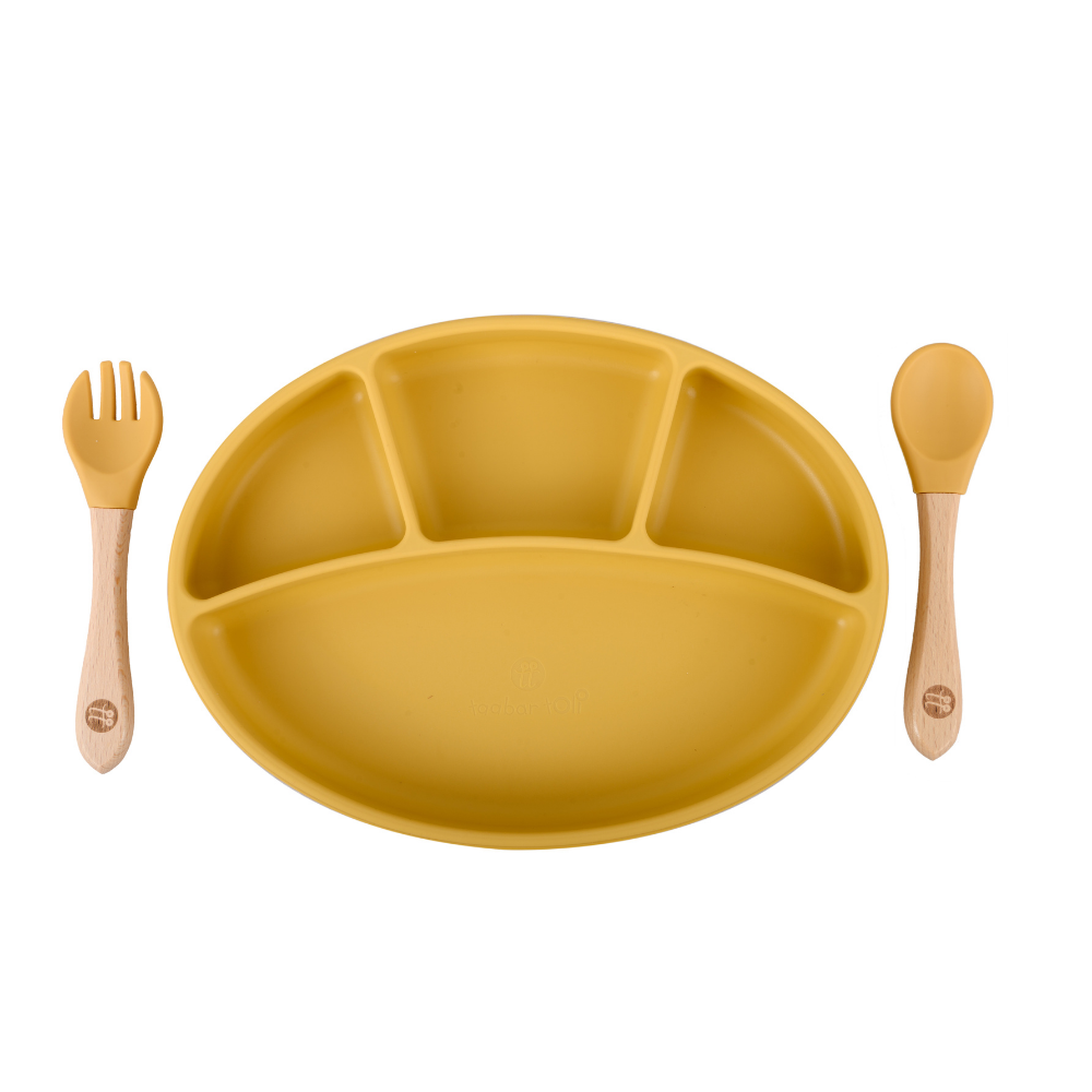 Silicone Oval Plate With Suction + Bamboo Spoon And Fork Set- Yellow