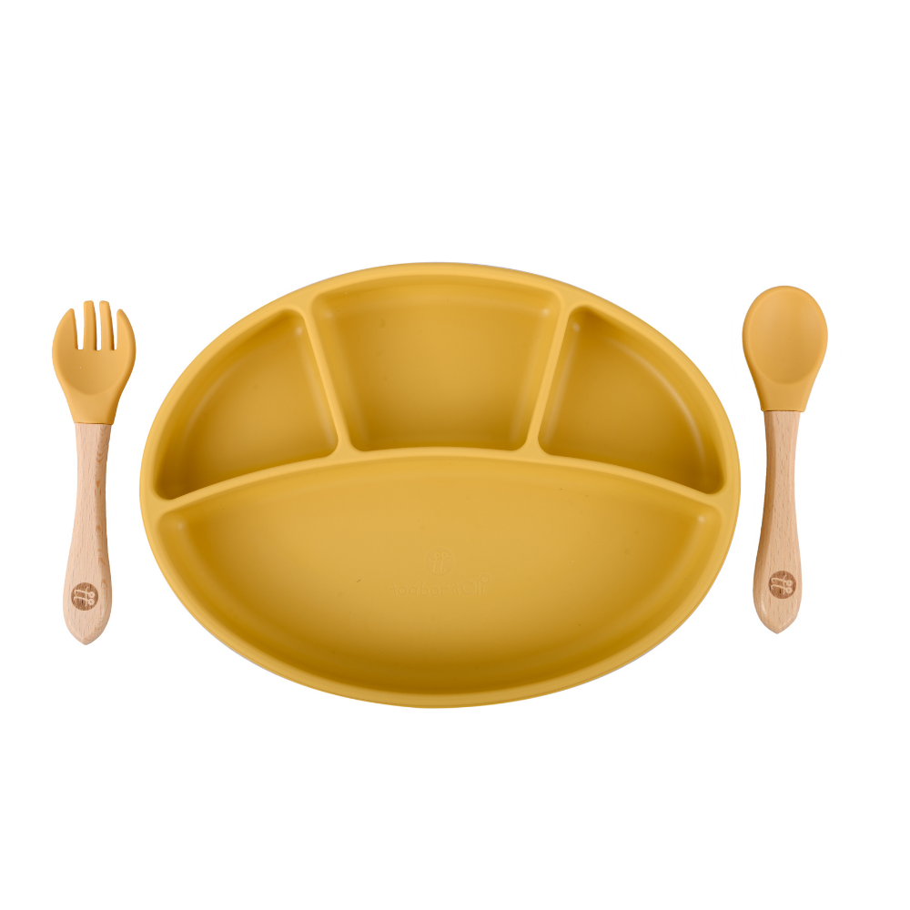 Silicone Oval Plate With Suction Bamboo Spoon And Fork Set- Yellow