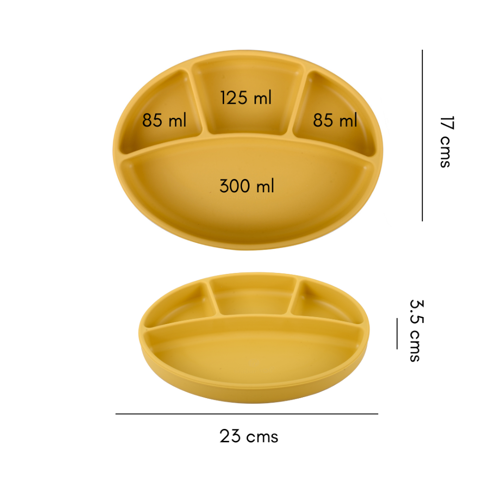 Silicone Oval Plate With Suction + Bamboo Spoon And Fork Set- Yellow