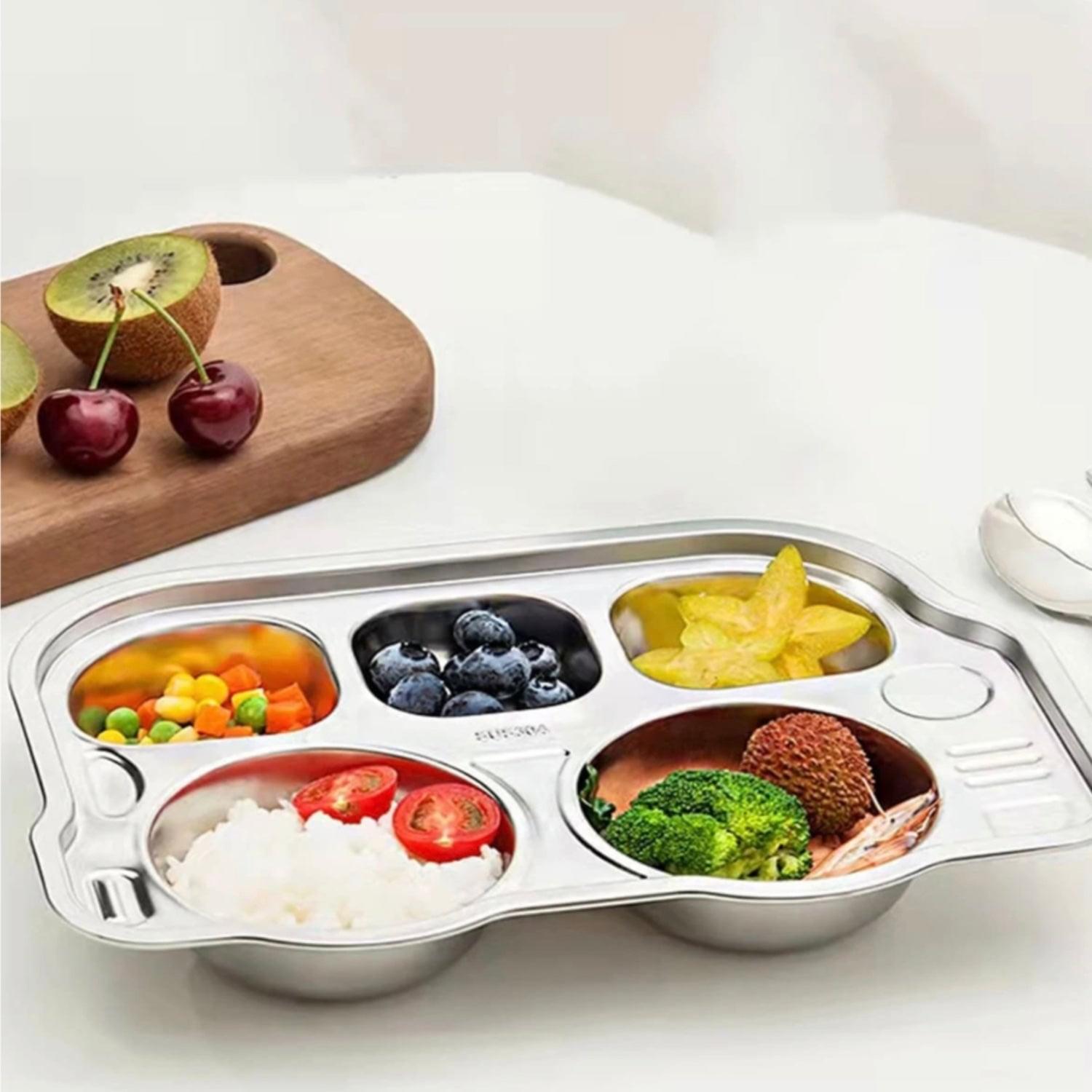Theoni Stainless Steel Section Kids Plate / Portion Plate / Dinner Dish - Set of 2 (1 Car & 1 Bus)