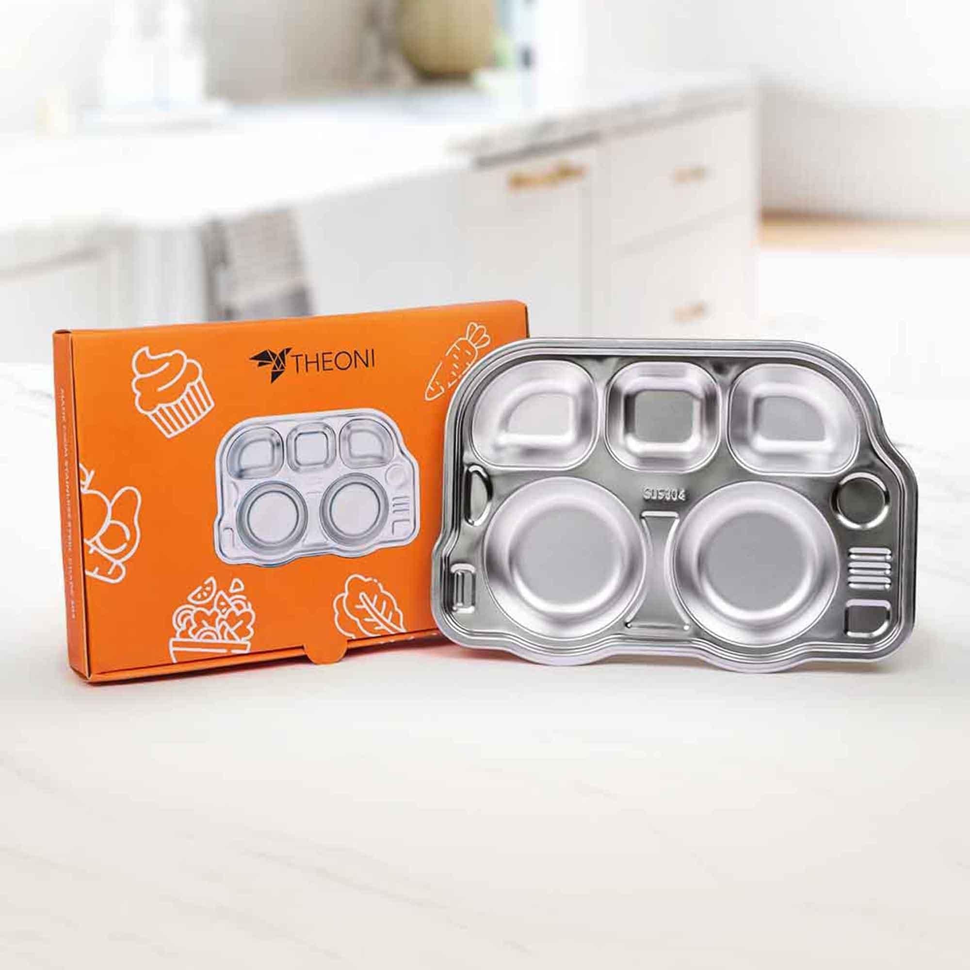 Theoni Stainless Steel Section Kids Plate / Portion Plate / Dinner Dish - Set of 2 (1 Car & 1 Bus)