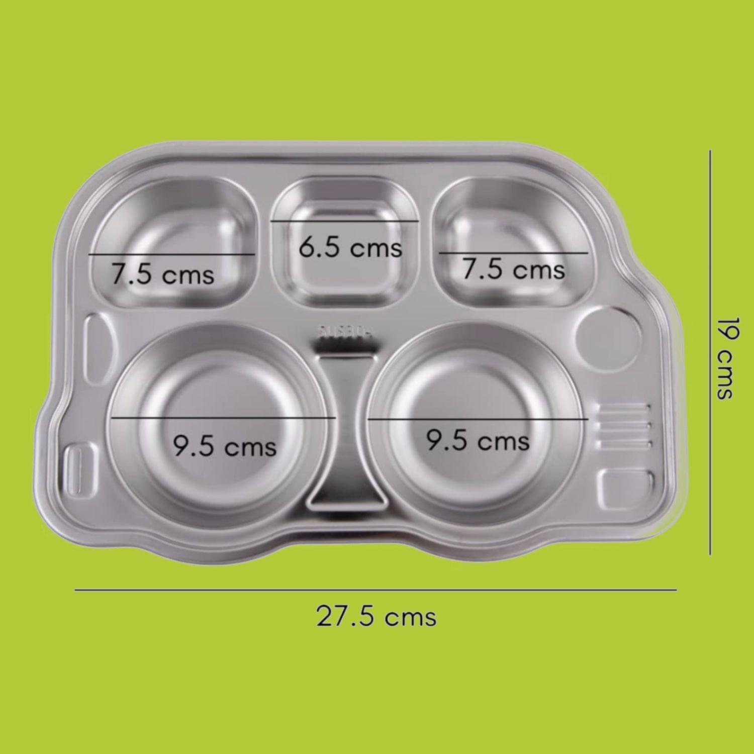 Theoni Stainless Steel Section Bus Shape Kids Plate / Portion Plate / Dinner Dish - Bus Shape (Set of 2). Personalize With Name