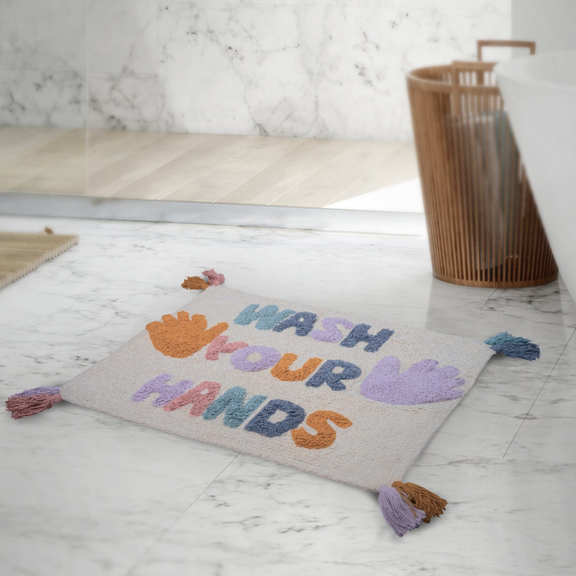 Wash Your Hands Bathroom Rugs - Cotton Bath Mat / Kids Rugs Absorbent and Washable Bath Rug Non-Slip, fluffy Rugs for Bathroom Floor, Shower, Sink, Door (19" x 25")