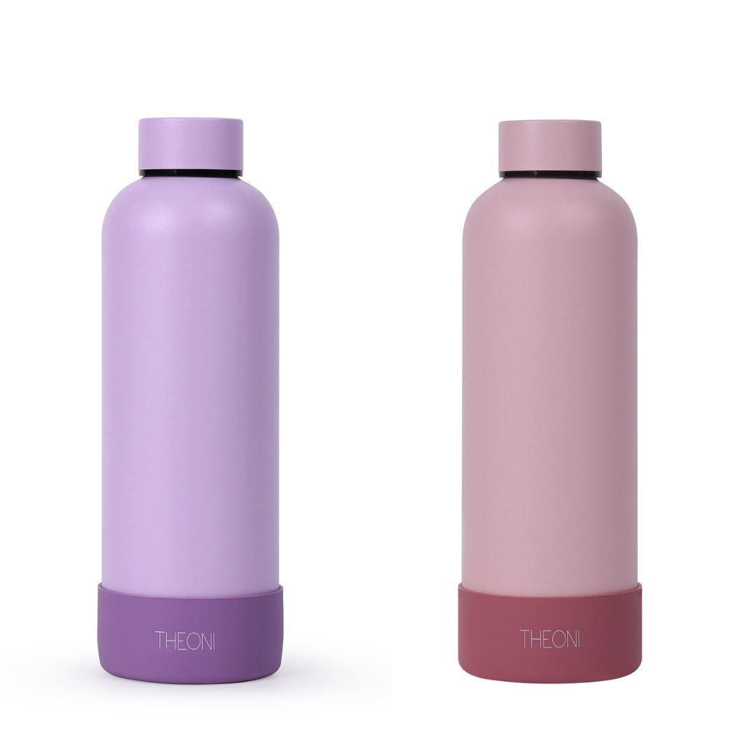 Theoni stainless Steel Double Walled Insulated Thermos Flask / Insulated Water Bottle| 24 Hours Hot & Cold |Leak Proof| Easy to Carry School And Travel Bottle - Playful Purple & Pretty Peach (Set of 2) (500ml)