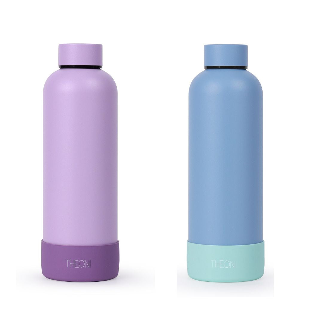 Theoni stainless Steel Double Walled Insulated Thermos Flask / Insulated Water Bottle| 24 Hours Hot & Cold |Leak Proof| Easy to Carry School And Travel Bottle - Weekday Blues & Playful Purple (Set of 2) (500ml)