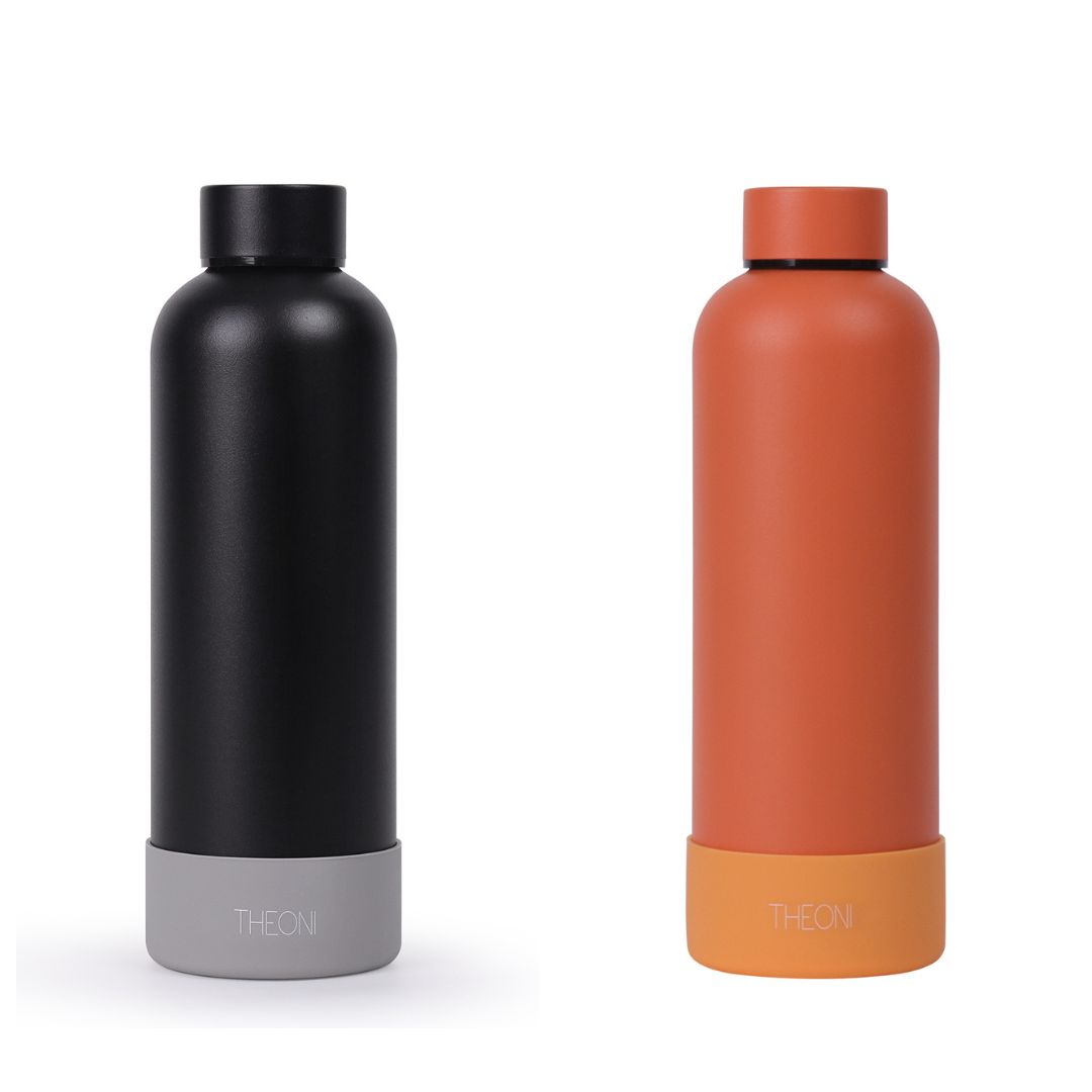 Theoni stainless Steel Double Walled Insulated Thermos Flask / Insulated Water Bottle| 24 Hours Hot & Cold |Leak Proof| Easy to Carry School And Travel Bottle - Zesty Orange & Deep Black (Set of 2) (500ml)