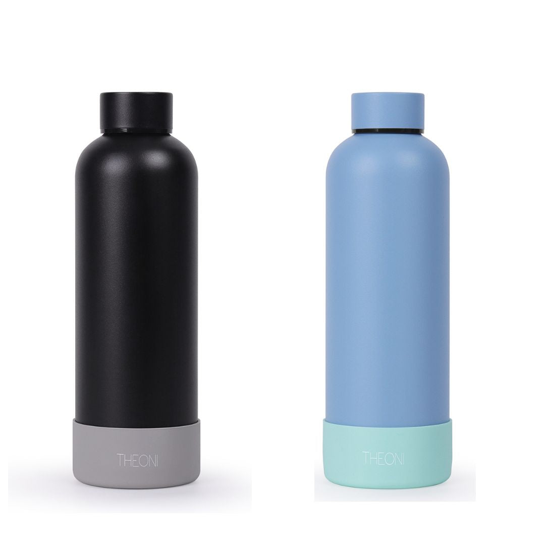 Theoni stainless Steel Double Walled Insulated Thermos Flask / Insulated Water Bottle| 24 Hours Hot & Cold |Leak Proof| Easy to Carry School And Travel Bottle - Deep Black & Weekday Blues ( Set of 2 ) (500ml)
