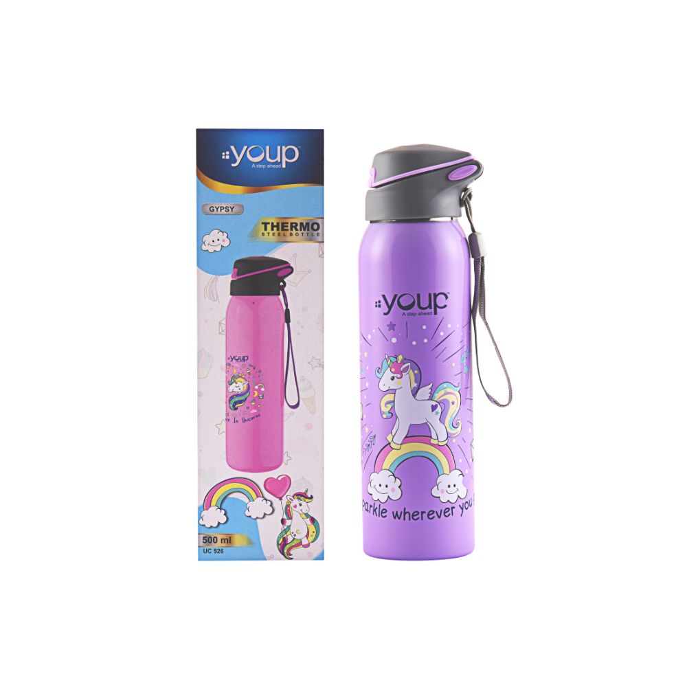 Youp Stainless Steel Insulated Mauve Color Unicorn Kids Sipper Bottle Gypsy - 500 Ml