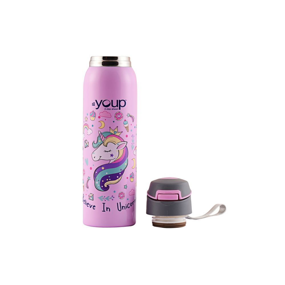 Youp Stainless Steel Insulated Pink Color Unicorn Kids Sipper Bottle Gypsy - 500 Ml