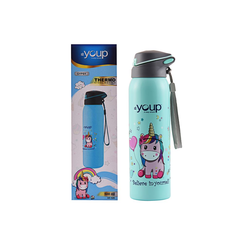 Youp Stainless Steel Insulated Sea Green Color Unicorn Kids Sipper Bottle Gypsy - 500 Ml