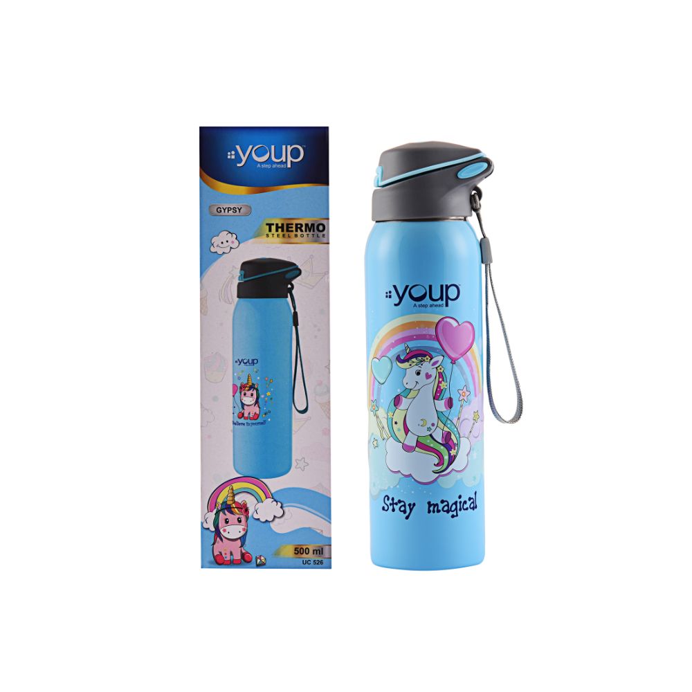 Youp Stainless Steel Insulated Sky Blue Color Unicorn Kids Sipper Bottle Gypsy - 500 ml