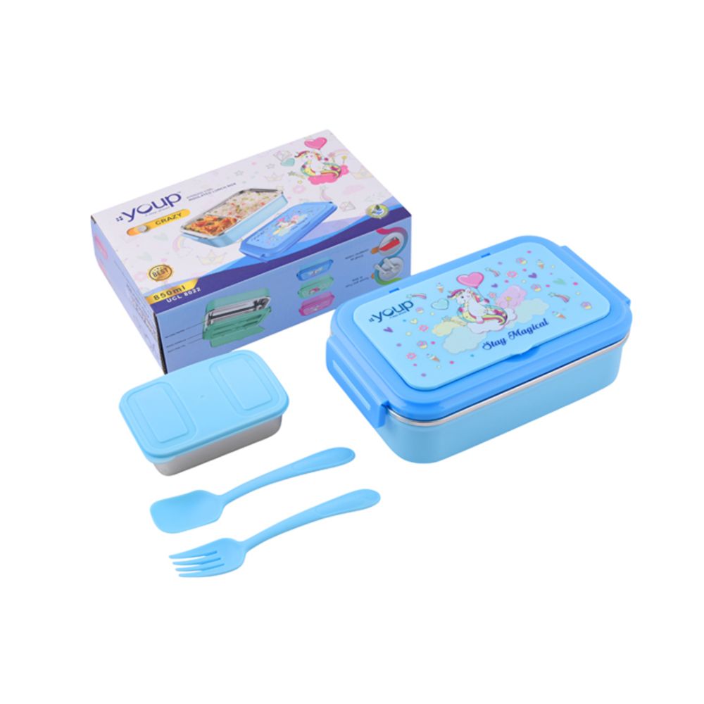 Youp Stainless Steel Blue Color Unicorn Theme Kids Lunch Box Crazy - 850 Ml