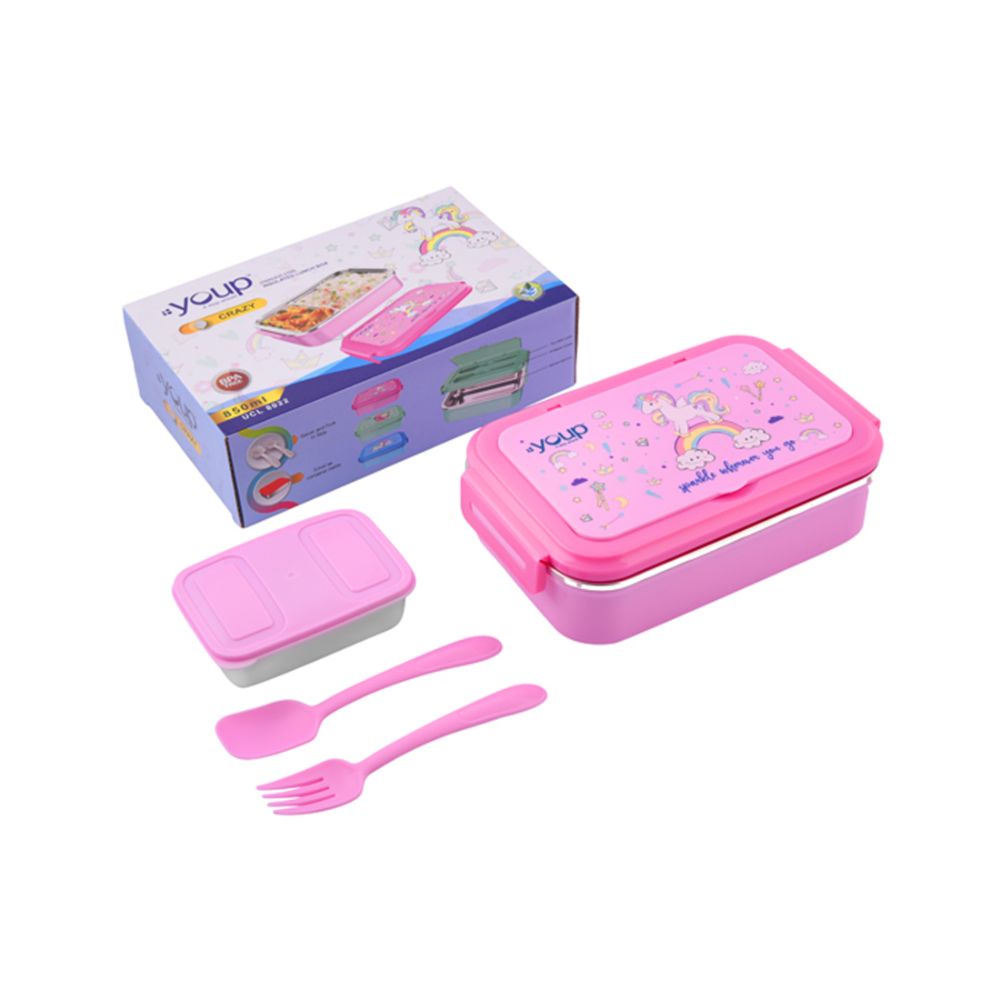 Youp Stainless Steel Pink Color Unicorn Theme Kids Lunch Box Crazy - 850 Ml