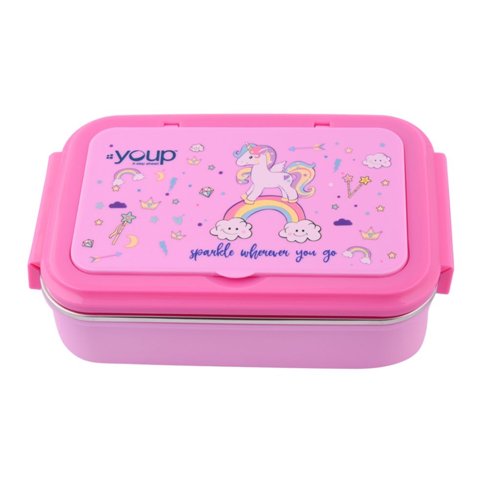 Youp Stainless Steel Pink Color Unicorn Theme Kids Lunch Box Crazy - 850 Ml