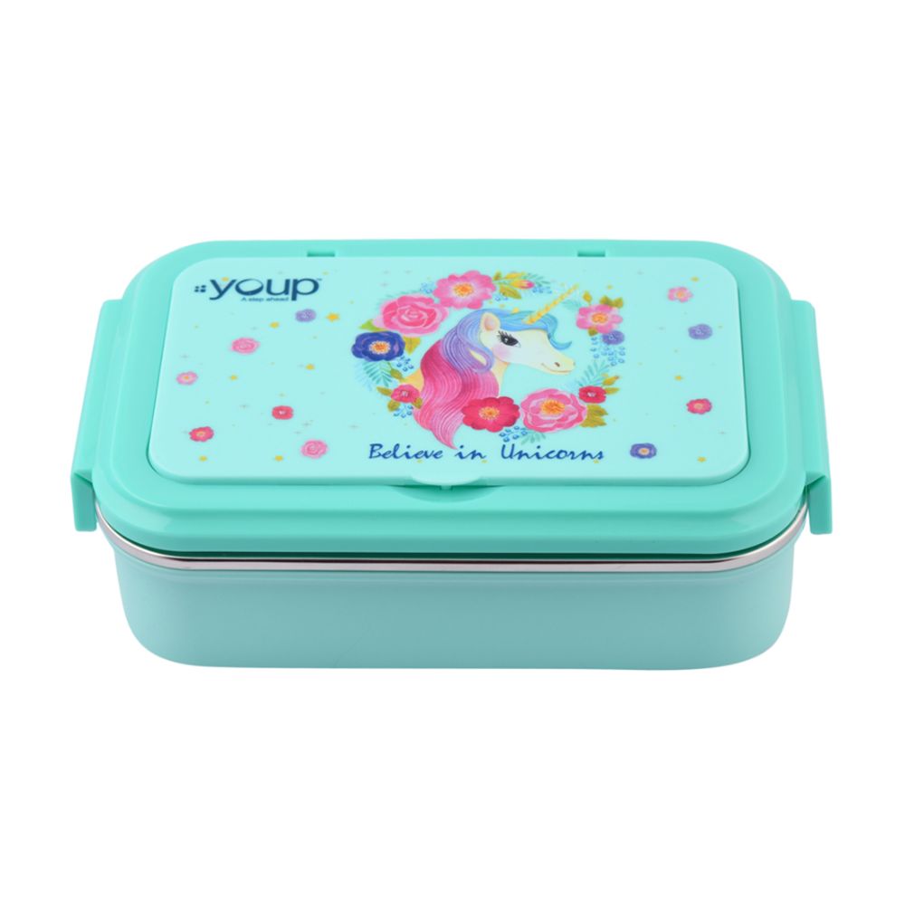 Youp Stainless Steel Sage Green Color Unicorn Theme Kids Lunch Box Crazy - 850 Ml
