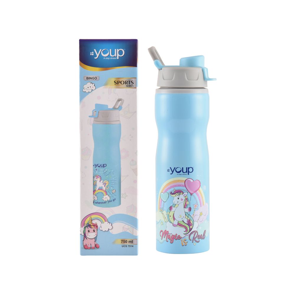 Youp Stainless Steel Blue Color Unicorn Kids Water Bottle Bingo  - 750 Ml
