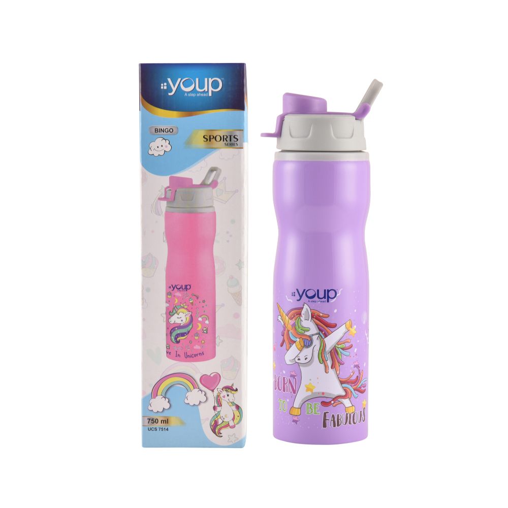 Youp Stainless Steel Purple Color Unicorn Kids Water Bottle Bingo - 750 Ml