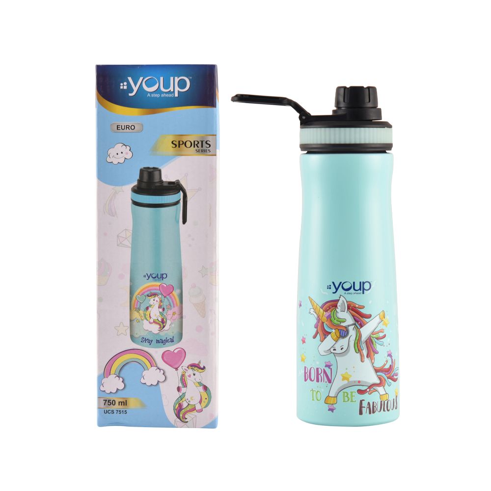 Youp Stainless Steel Green Color Unicorn Kids Water Bottle Euro - 750 Ml