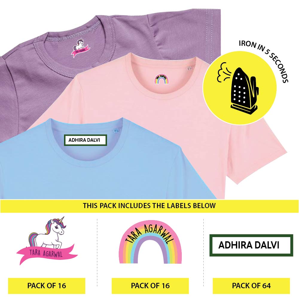 Custom Iron On Labels for Clothes - Unicorn Rainbow (Pack Of 96 Labels)