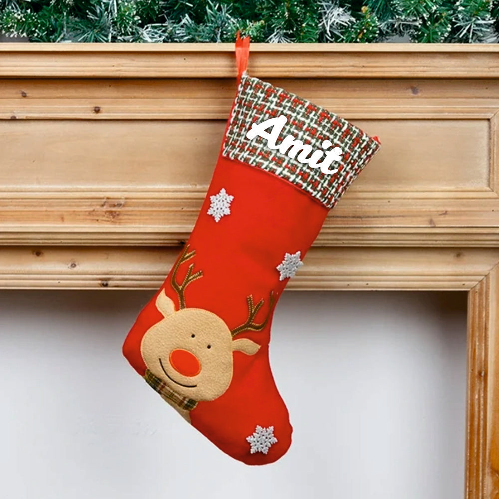 Plaid & Pine Stocking- Reindeer