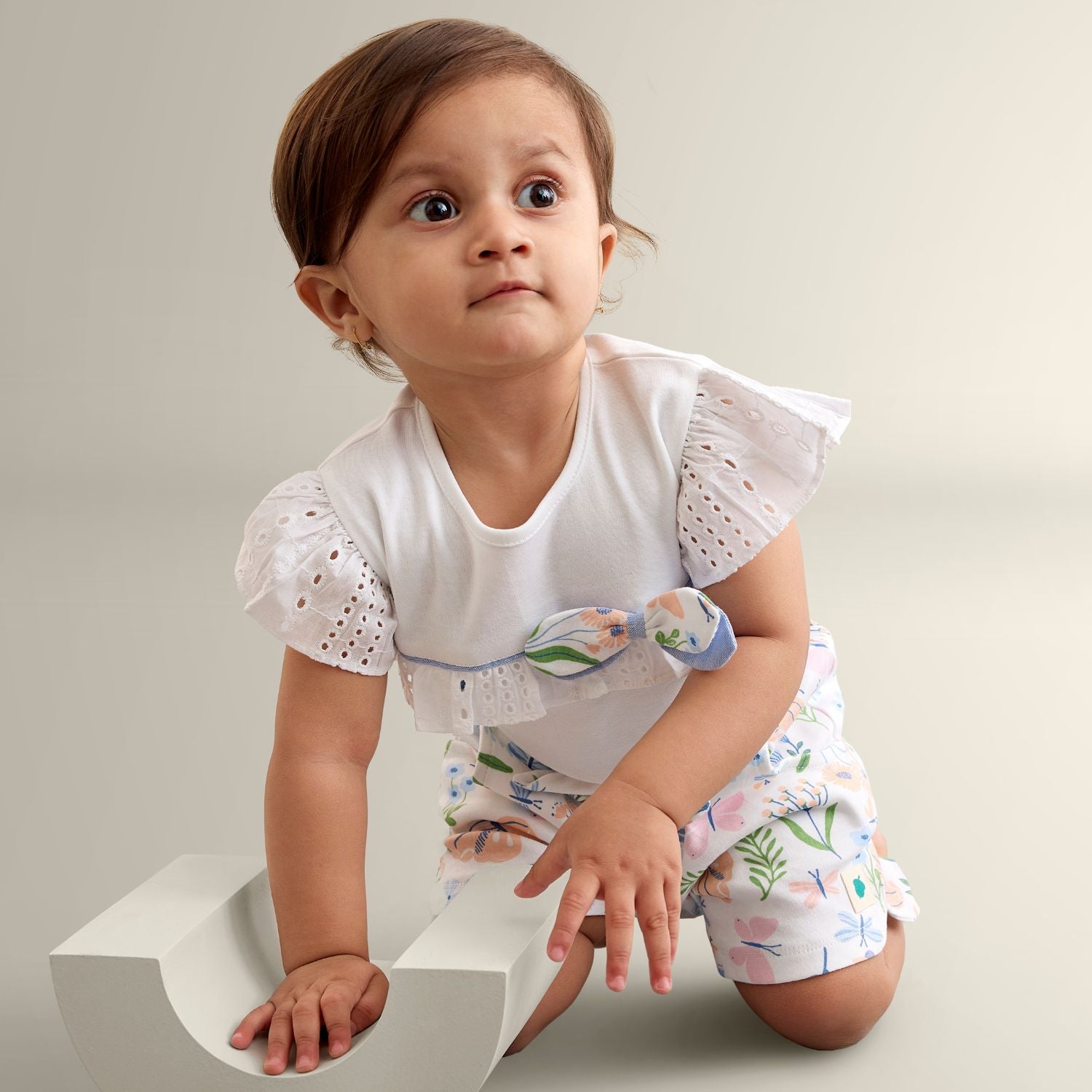 My Milestones Bio-Wash Eyelet Detail Short Sleeves Tee with Shorts in Enchanted Flora Print - White