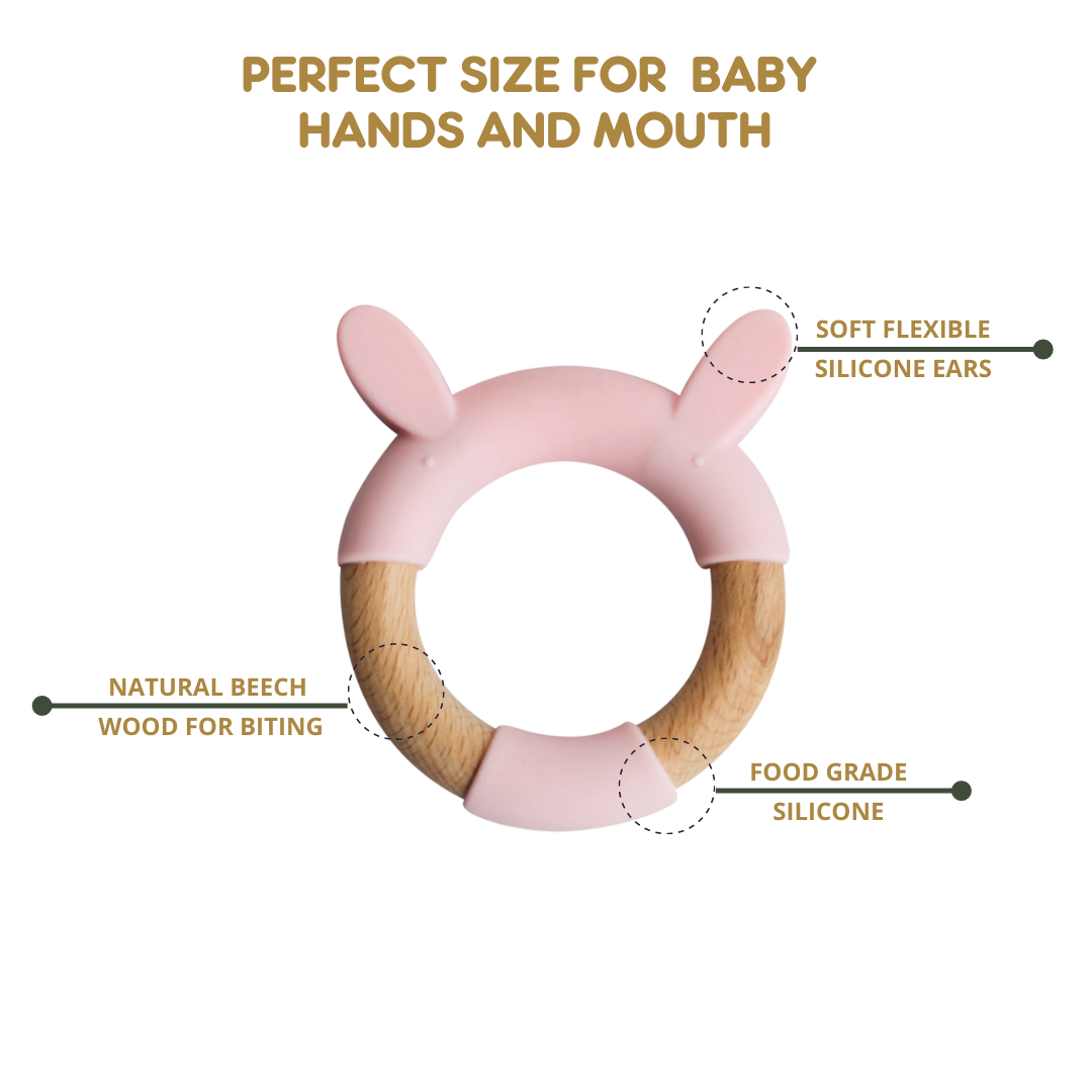 Wood + Silicone Ring Teether Toy - Pink