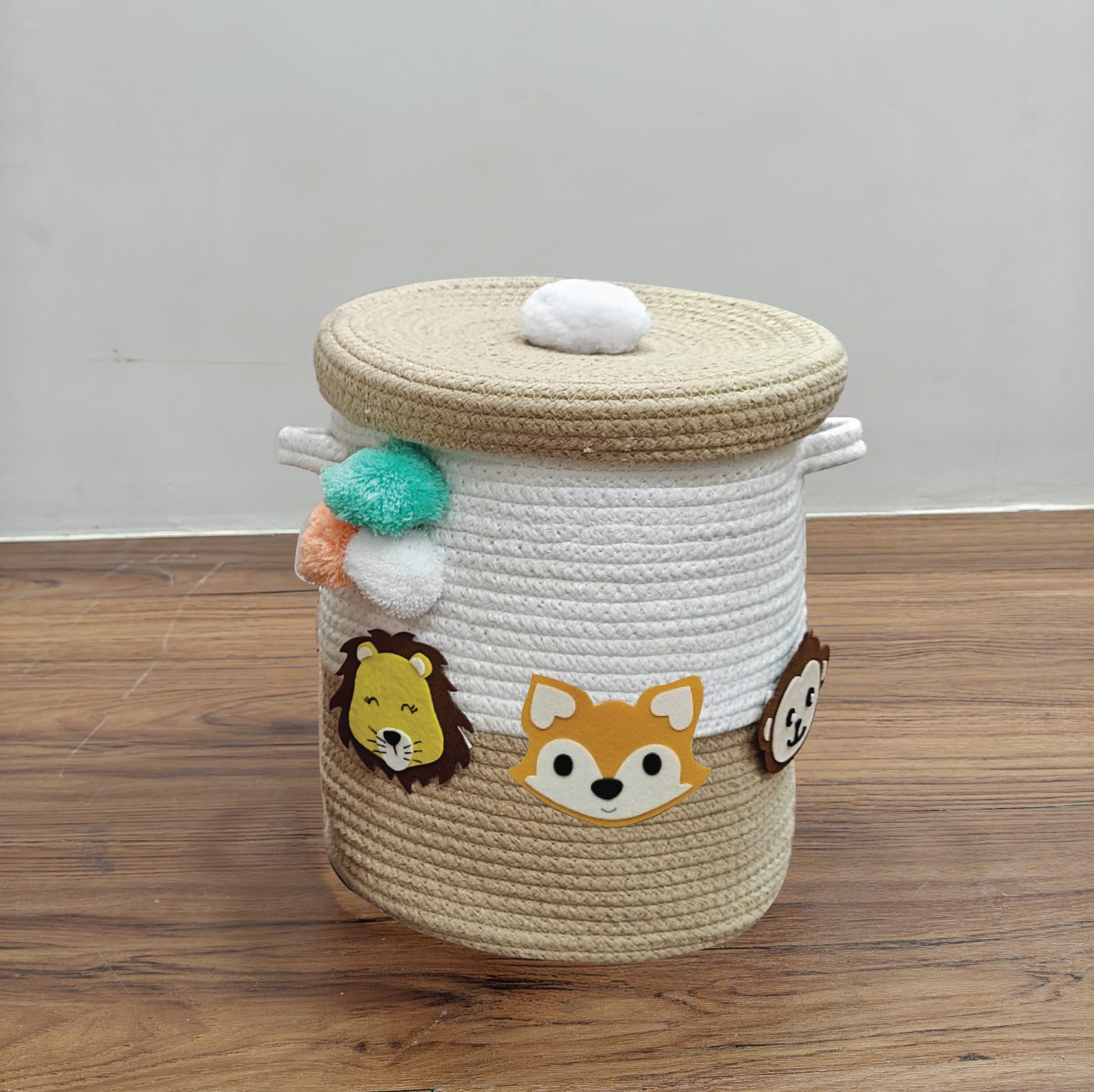 Jute Cotton Storage Basket with Lid - Safari Snuggles