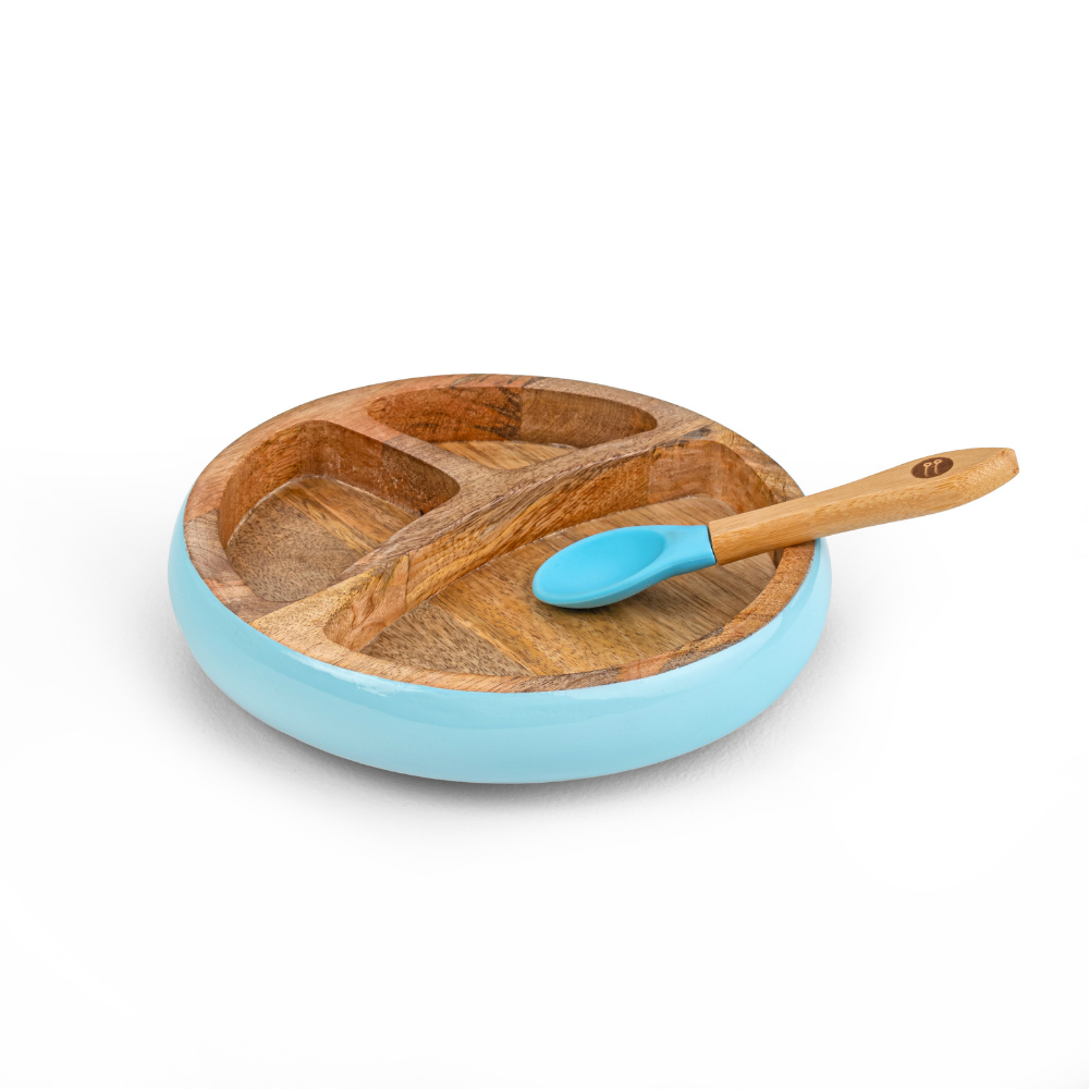 Wooden Round Plate With Silicone Suction And Spoon - Blue