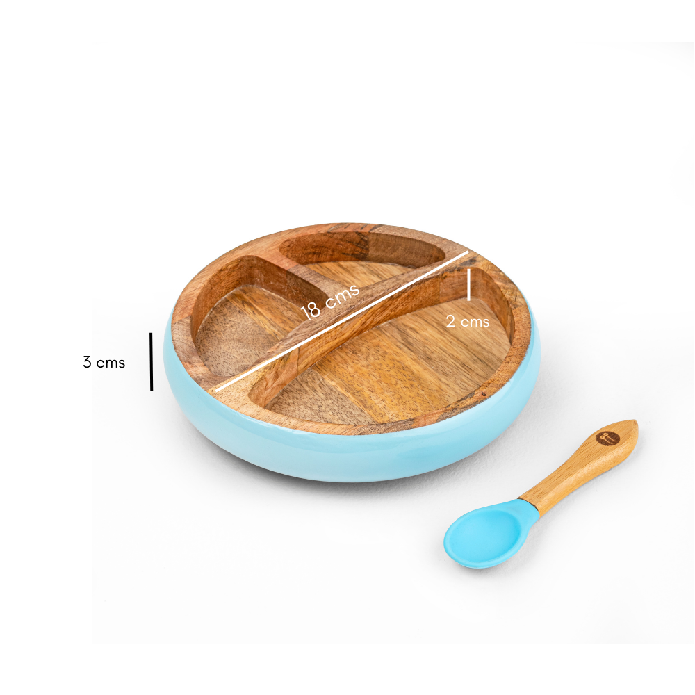 Wooden Round Plate With Silicone Suction And Spoon - Blue