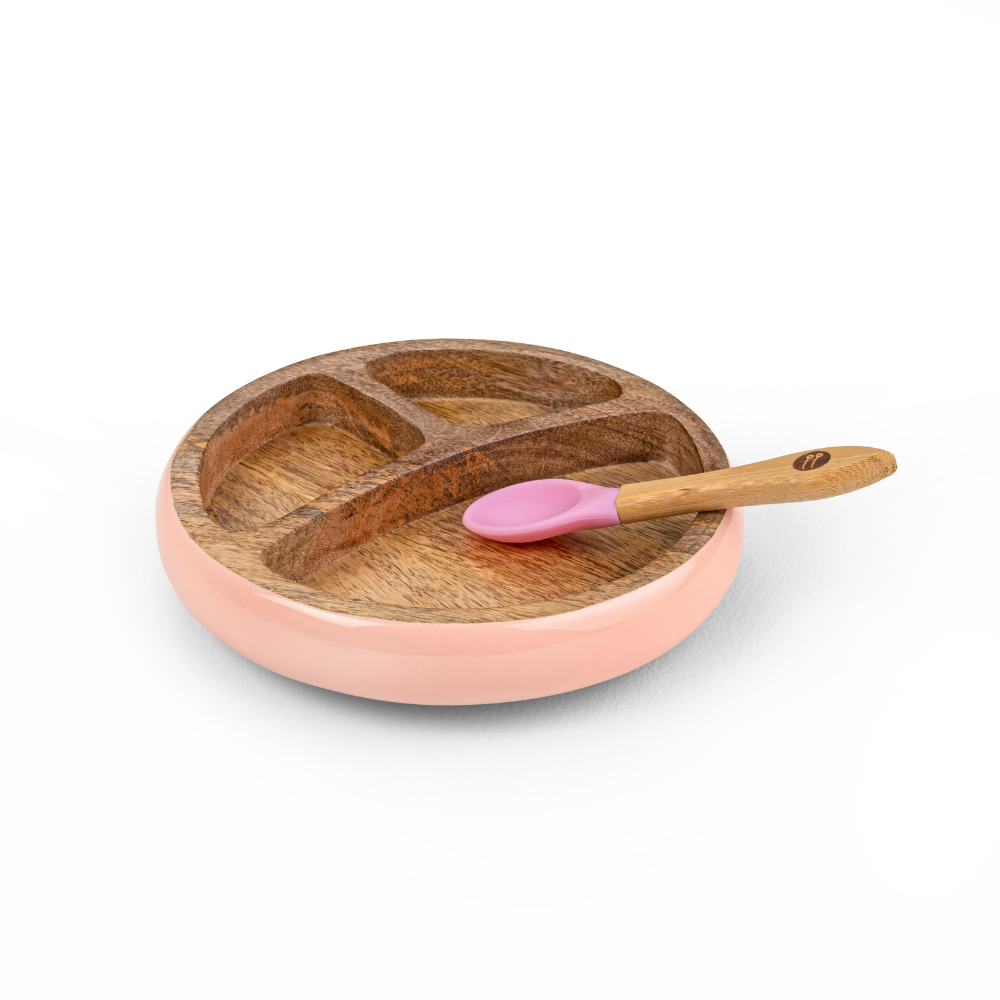 Wooden Round Plate With Silicone Suction And Spoon - Pink