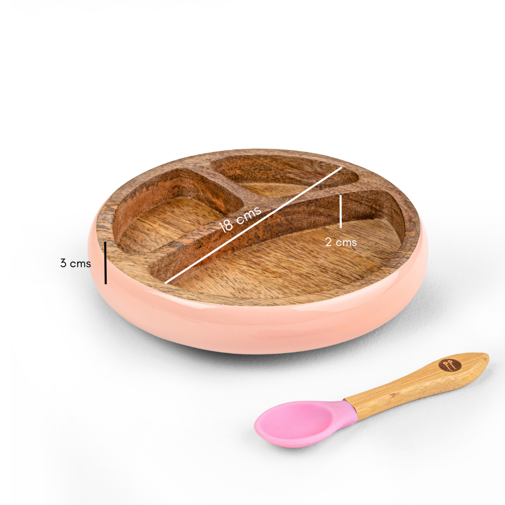 Wooden Round Plate With Silicone Suction And Spoon - Pink
