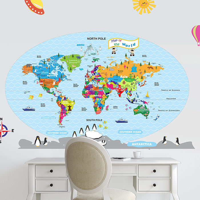 Pastel World Map Wall Sticker For Kids Room