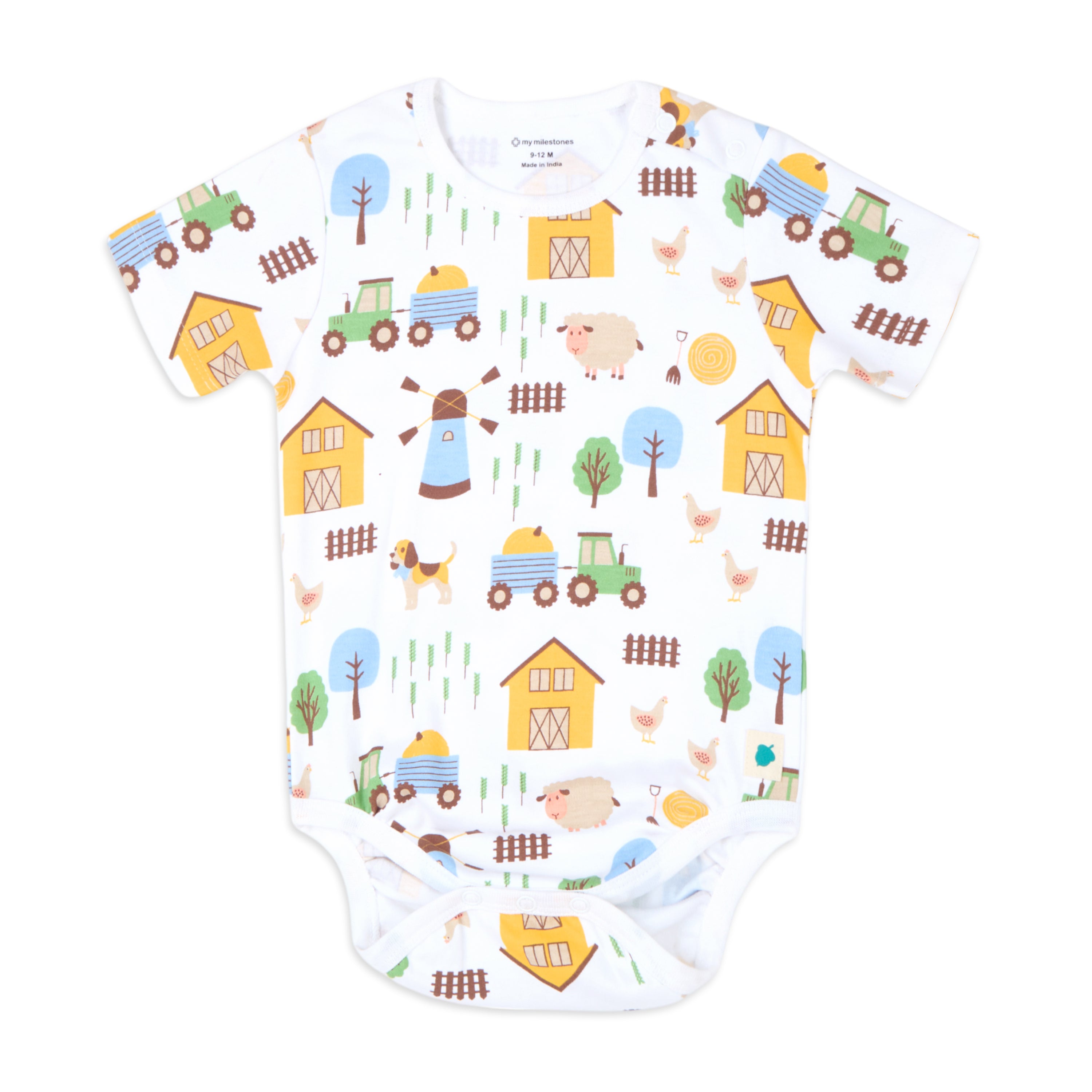 Baby Boy Barnyard Print Half Sleeves Onesie - White