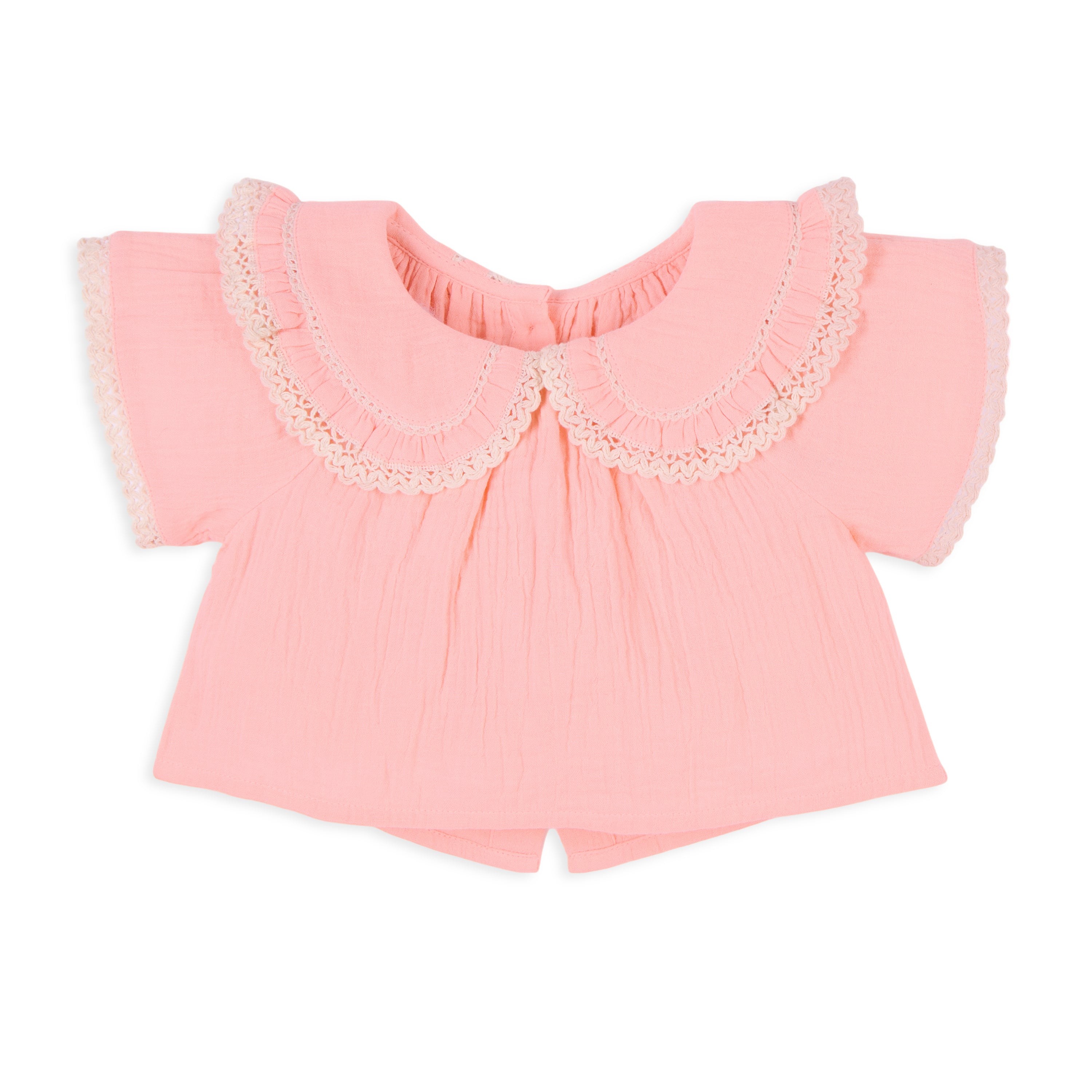 Peony Double Cloth Top with Crochet Lace Detail & Peter Pan Collar - Peach