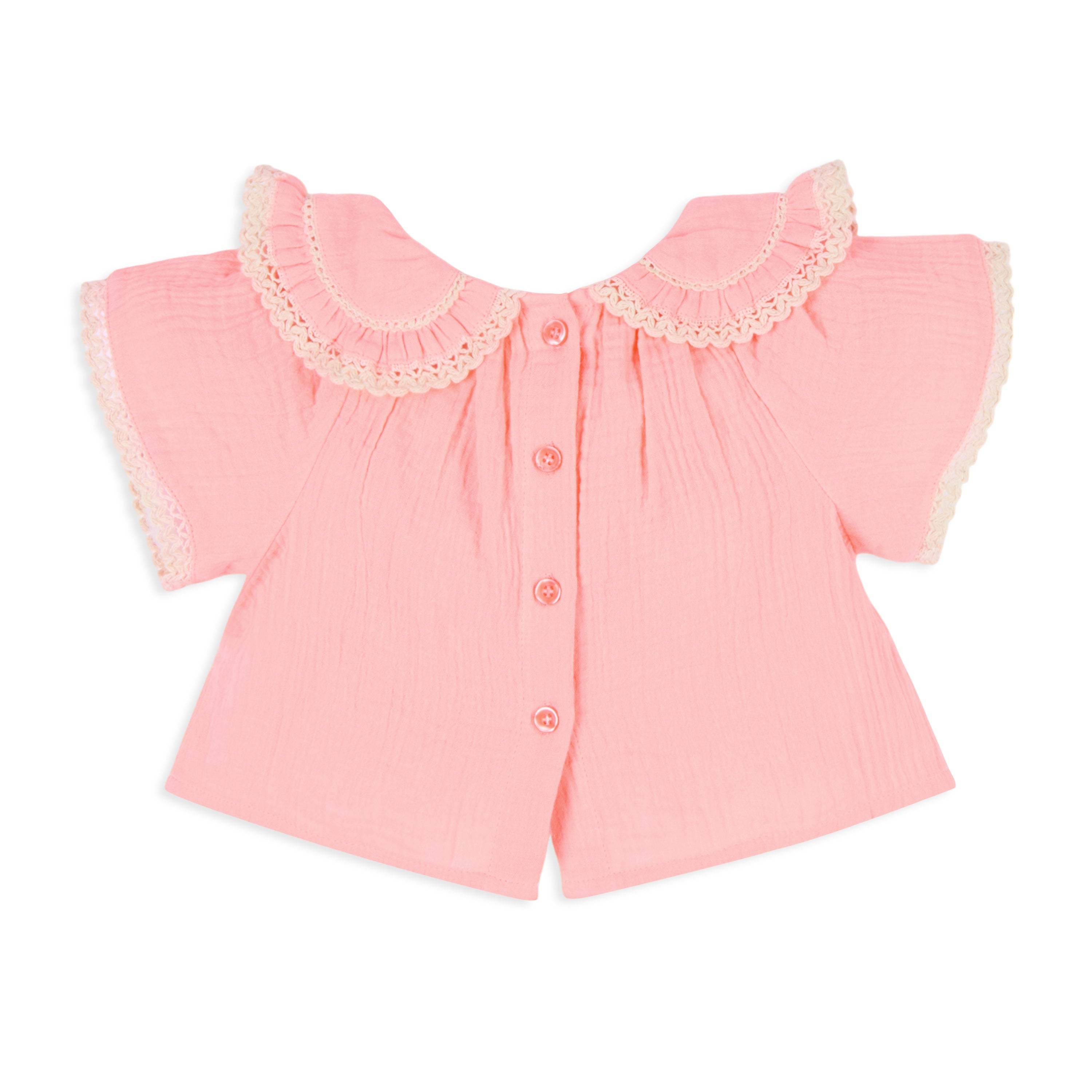 Peony Double Cloth Top with Crochet Lace Detail & Peter Pan Collar - Peach